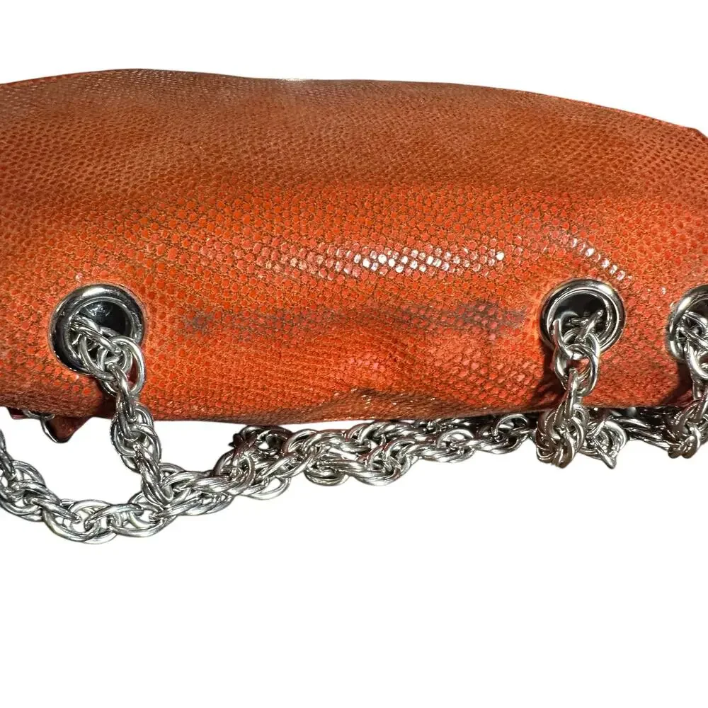 Chez Fine Leather Goods Orange Textured Leather Chain Crossbody Bag Rare